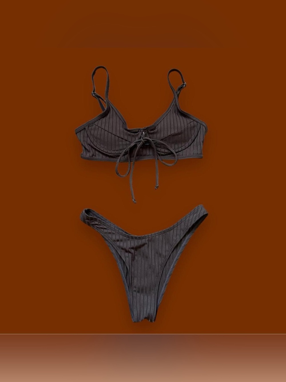 SHEIN Dark Brown Ribbed Tie-Front Bikini Set